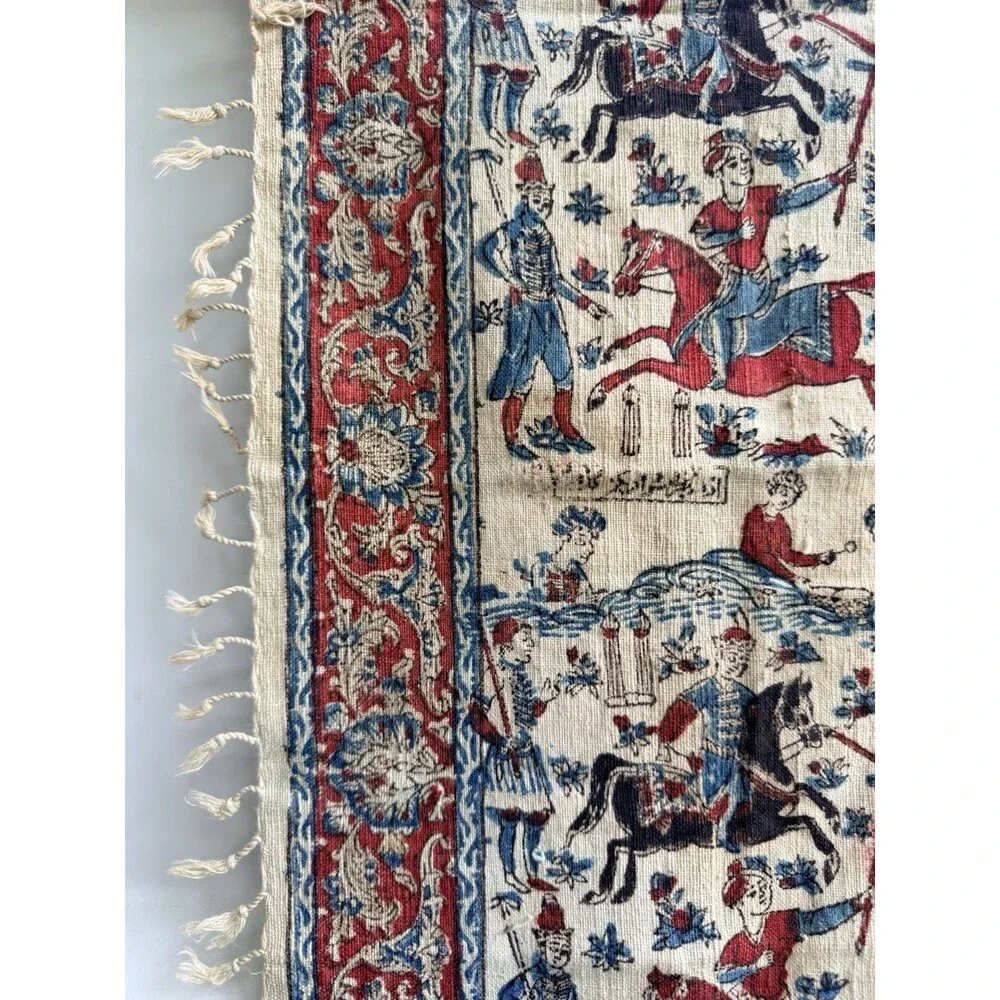 Antique Persian Fringed Cloth Tapestry Qajar Hunting & Polo Scene 24 X 24